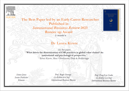 Towards entry "IBR Best Paper led by an early career researcher (ECR) runner-up award for Dr. Laura Kirste"