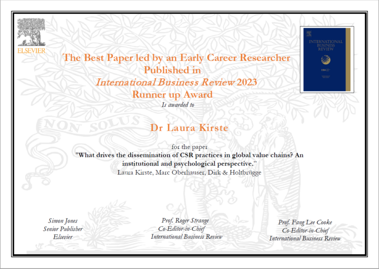 IBR Best Paper led by an early career researcher (ECR) runner-up award for Dr. Laura Kirste